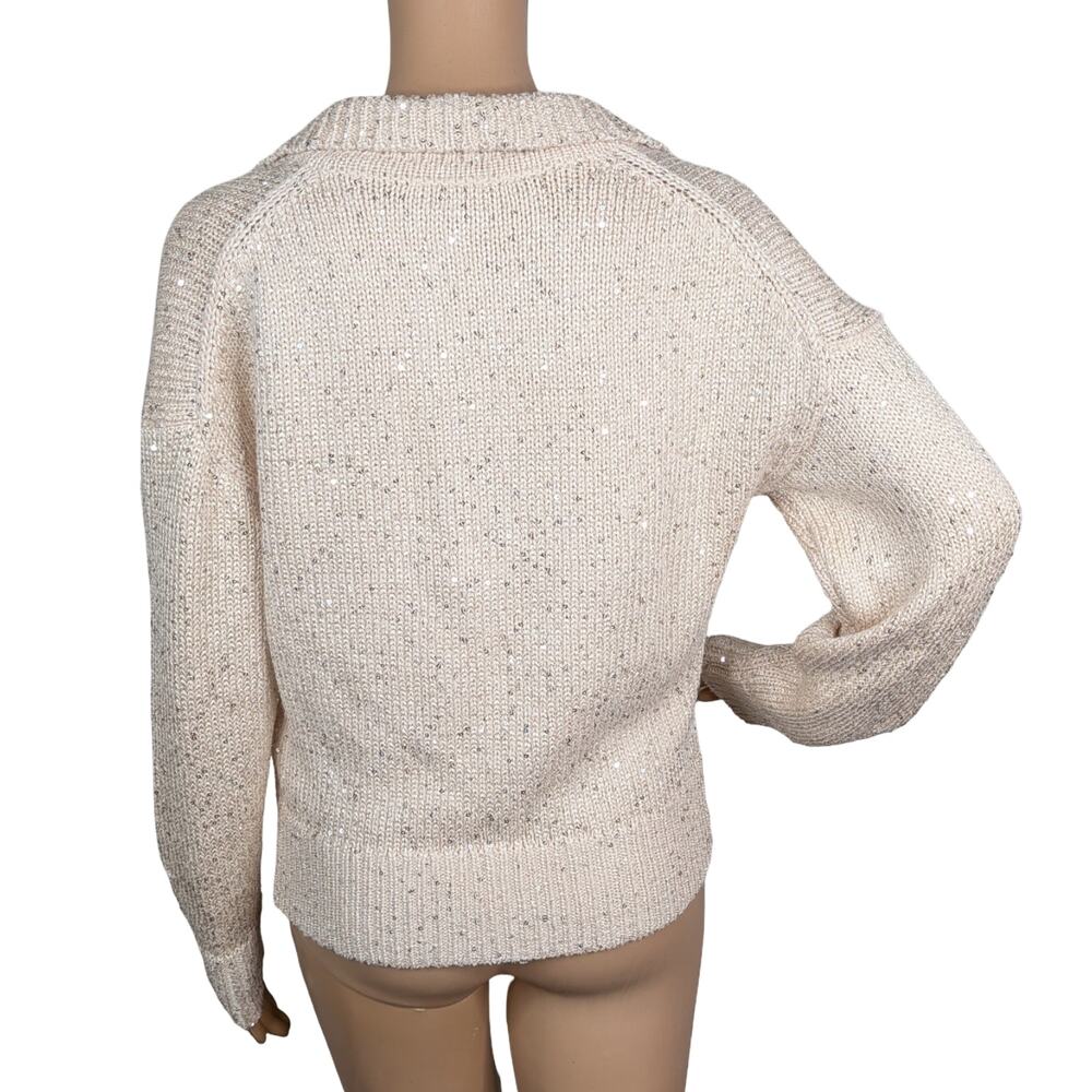 J Crew Sequin Polo Sweater XS Ivory Silver Stardust Chunky Knit Holiday Ribbed - Picture 11 of 13